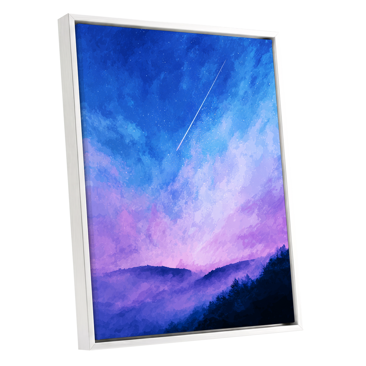 Starlit Lavender Horizon, blue, purple, pink nature wall art shown as a white framed canvas wall art