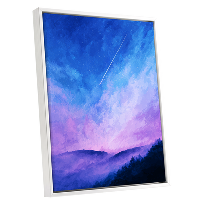 Starlit Lavender Horizon, blue, purple, pink nature wall art shown as a white framed canvas wall art