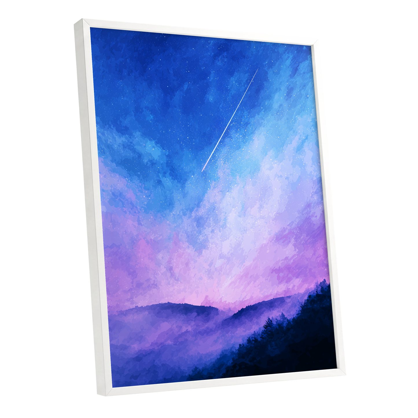 Starlit Lavender Horizon, blue, purple, pink nature wall art shown as a white framed poster wall art print