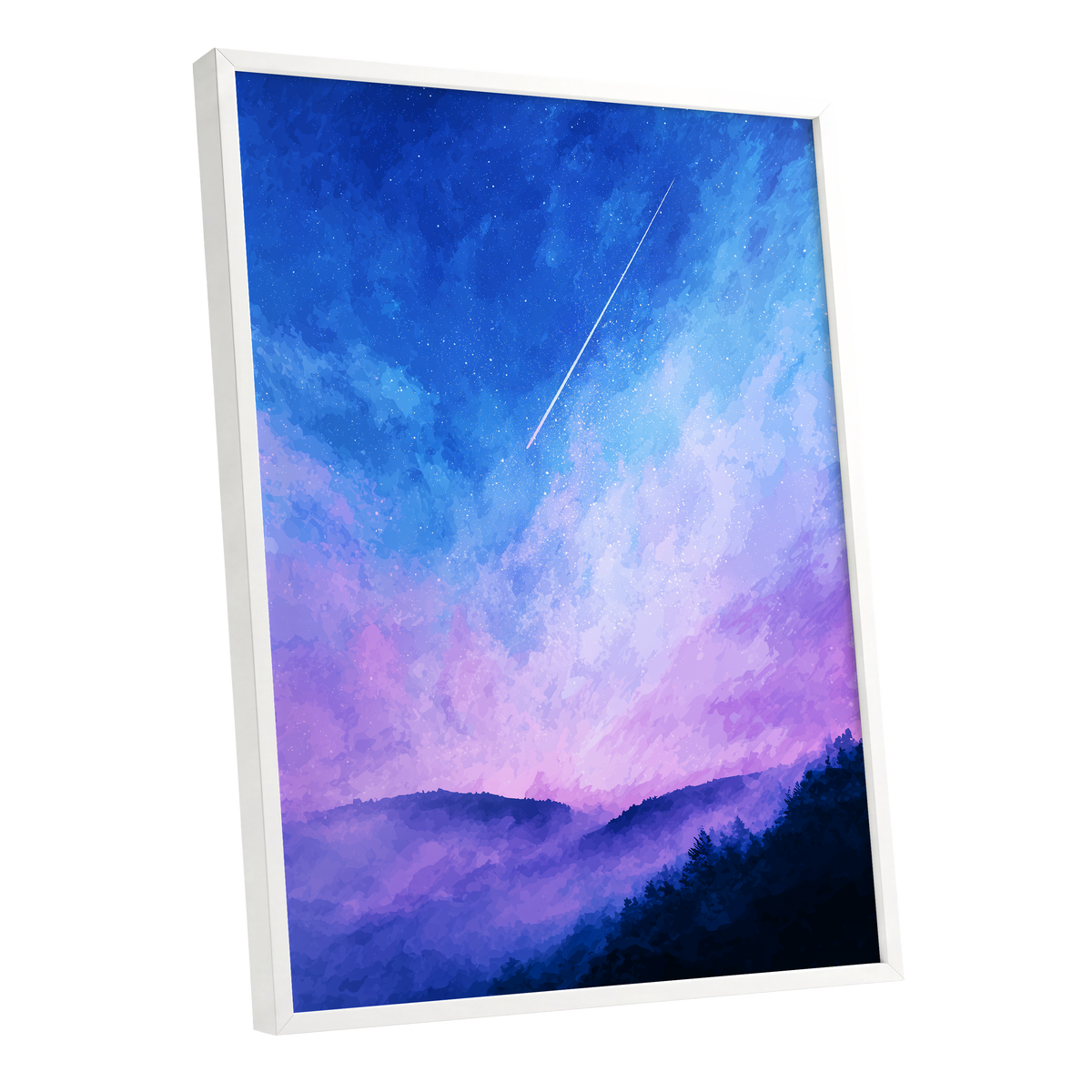 Starlit Lavender Horizon, blue, purple, pink nature wall art shown as a white framed poster wall art print