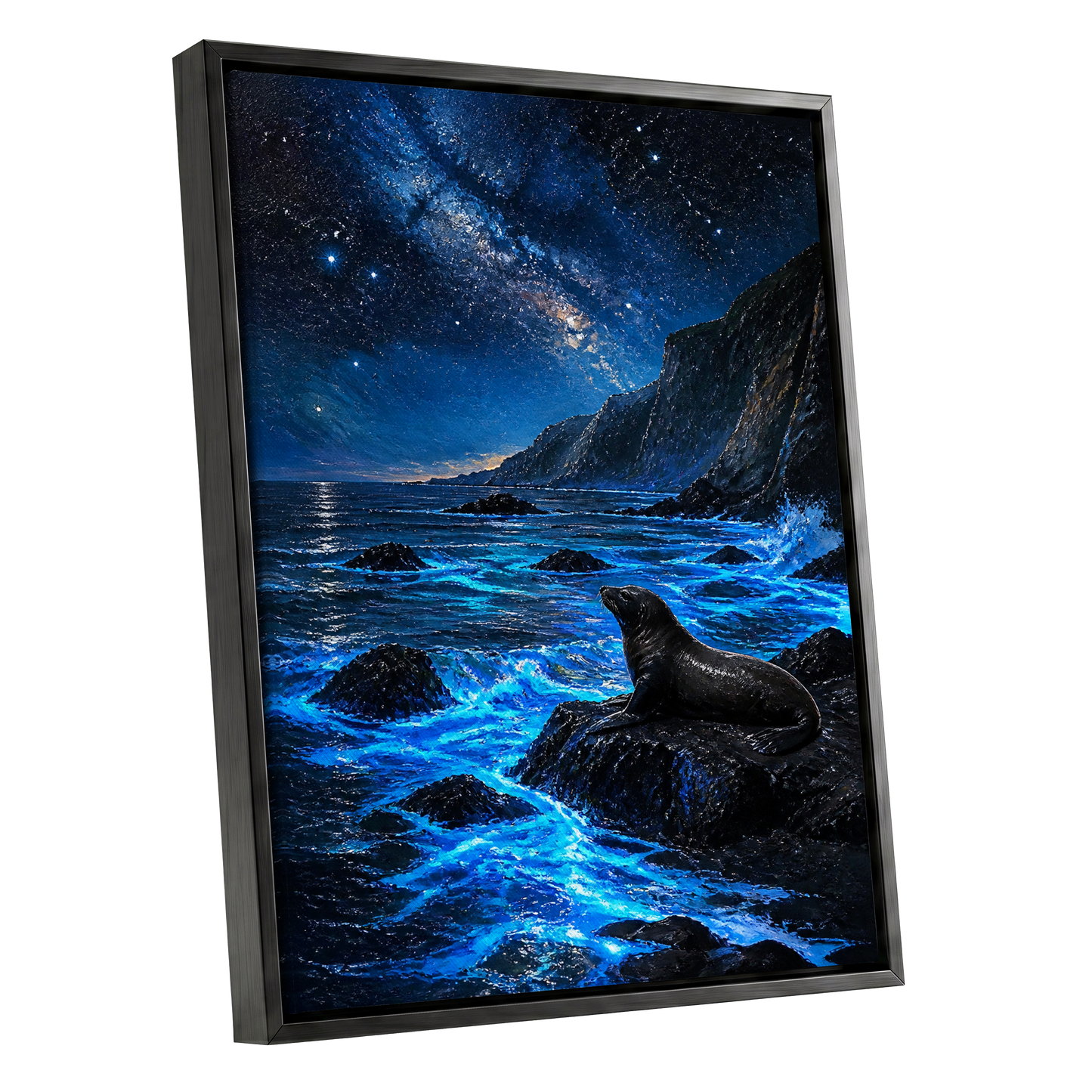 Starlit Seal Cove, blue, black, white nature wall art shown as a black framed canvas wall art