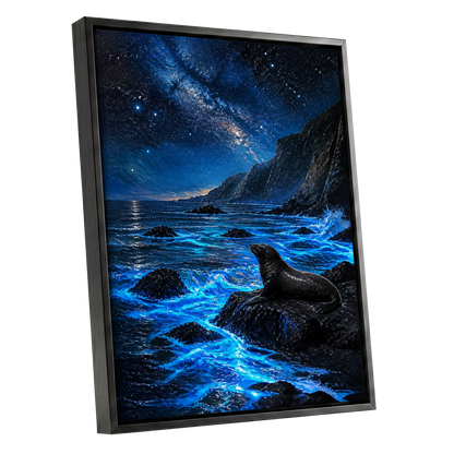 Starlit Seal Cove, blue, black, white nature wall art shown as a black framed canvas wall art