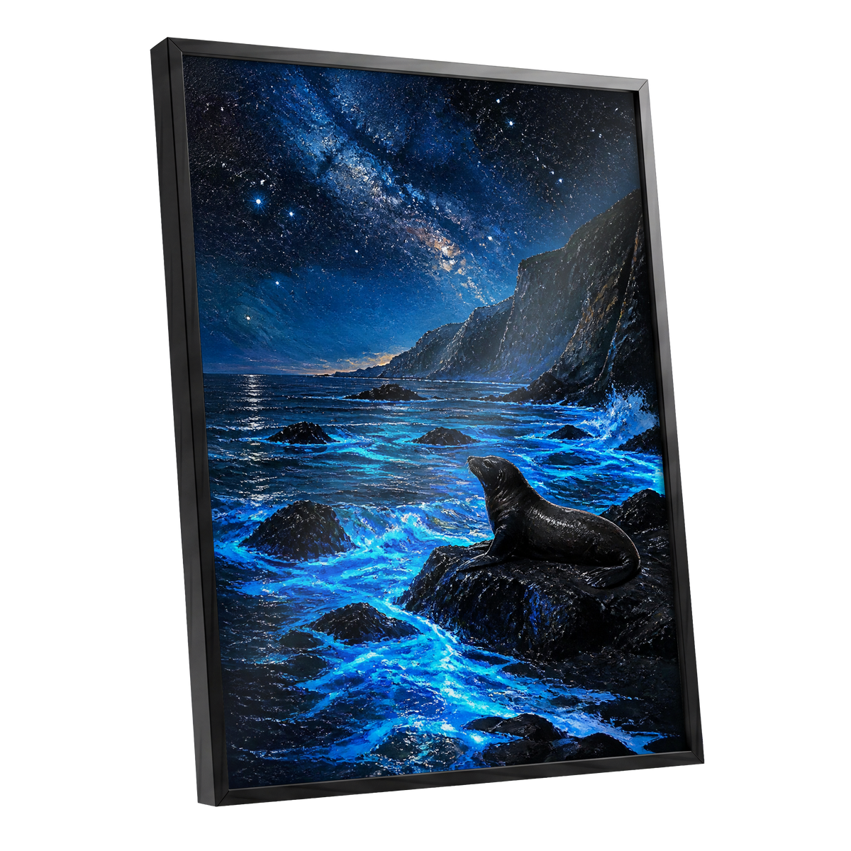 Starlit Seal Cove, blue, black, white nature wall art shown as a black framed poster wall art print