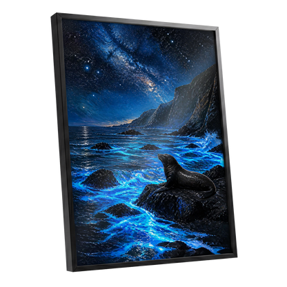 Starlit Seal Cove, blue, black, white nature wall art shown as a black framed poster wall art print
