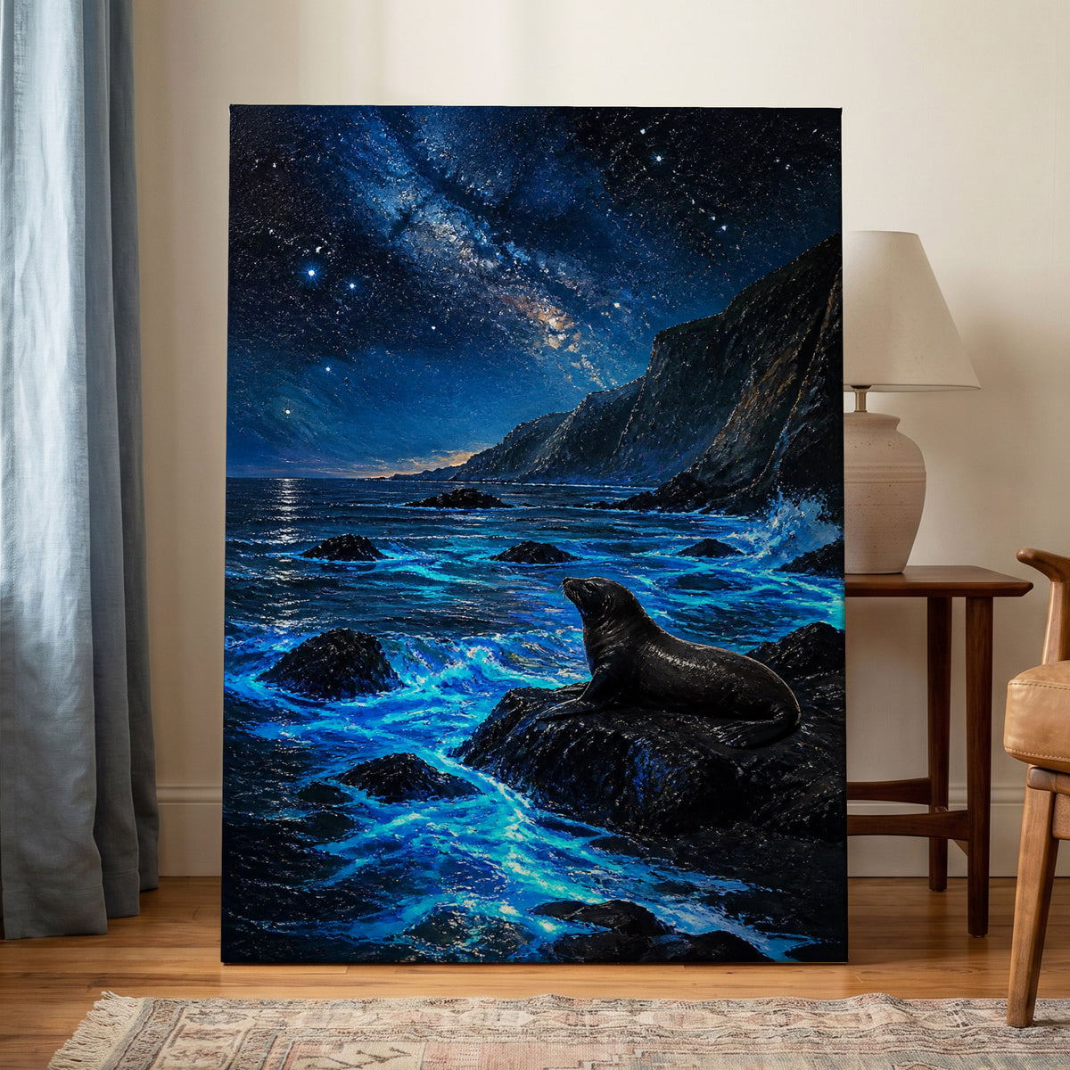 Starlit Seal Cove, blue, black, white nature wall art on canvas displayed in a styled interior, gallery view 1