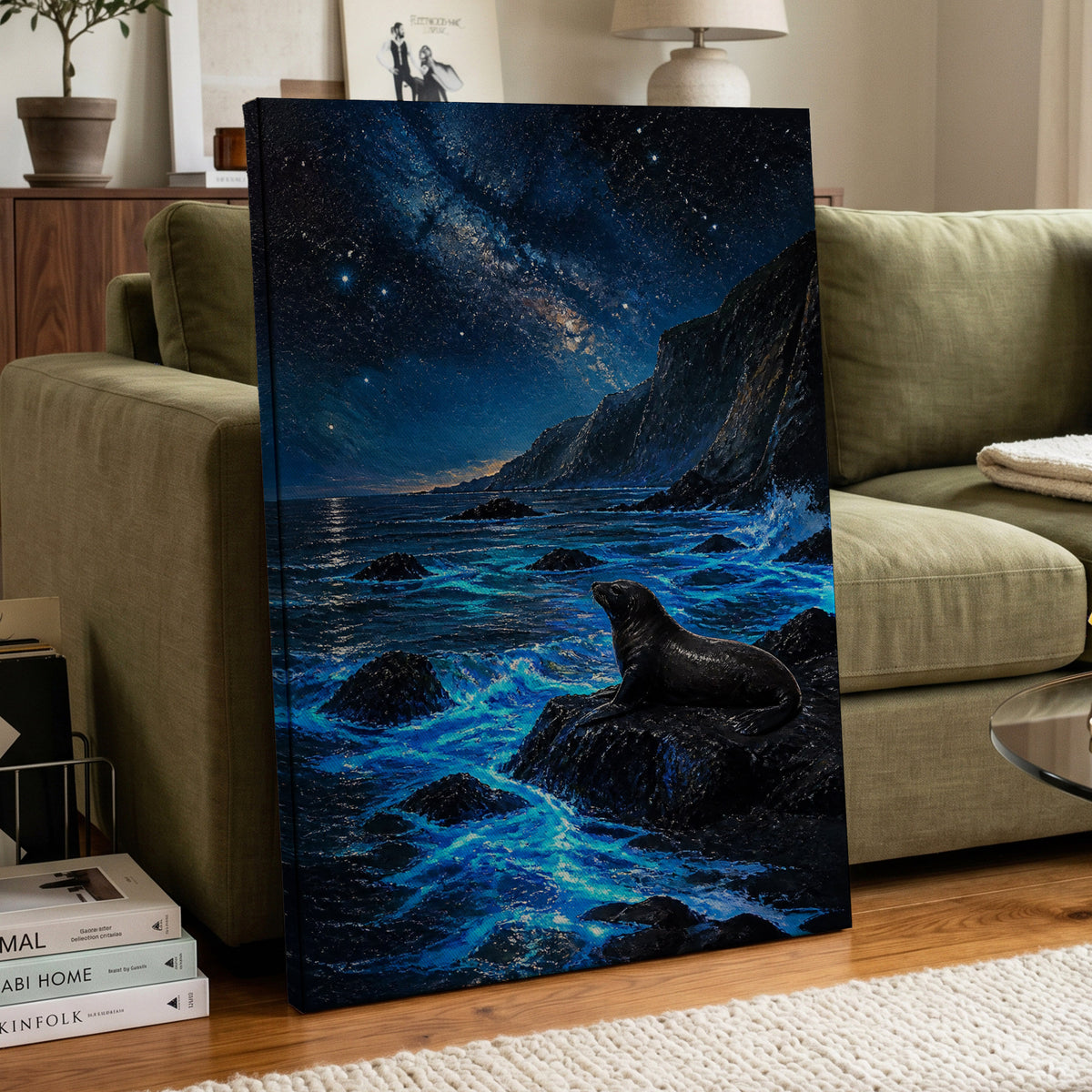 Starlit Seal Cove, blue, black, white nature wall art on canvas displayed in a styled interior, gallery view 2