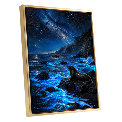 Starlit Seal Cove, blue, black, white nature wall art shown as a gold framed canvas wall art