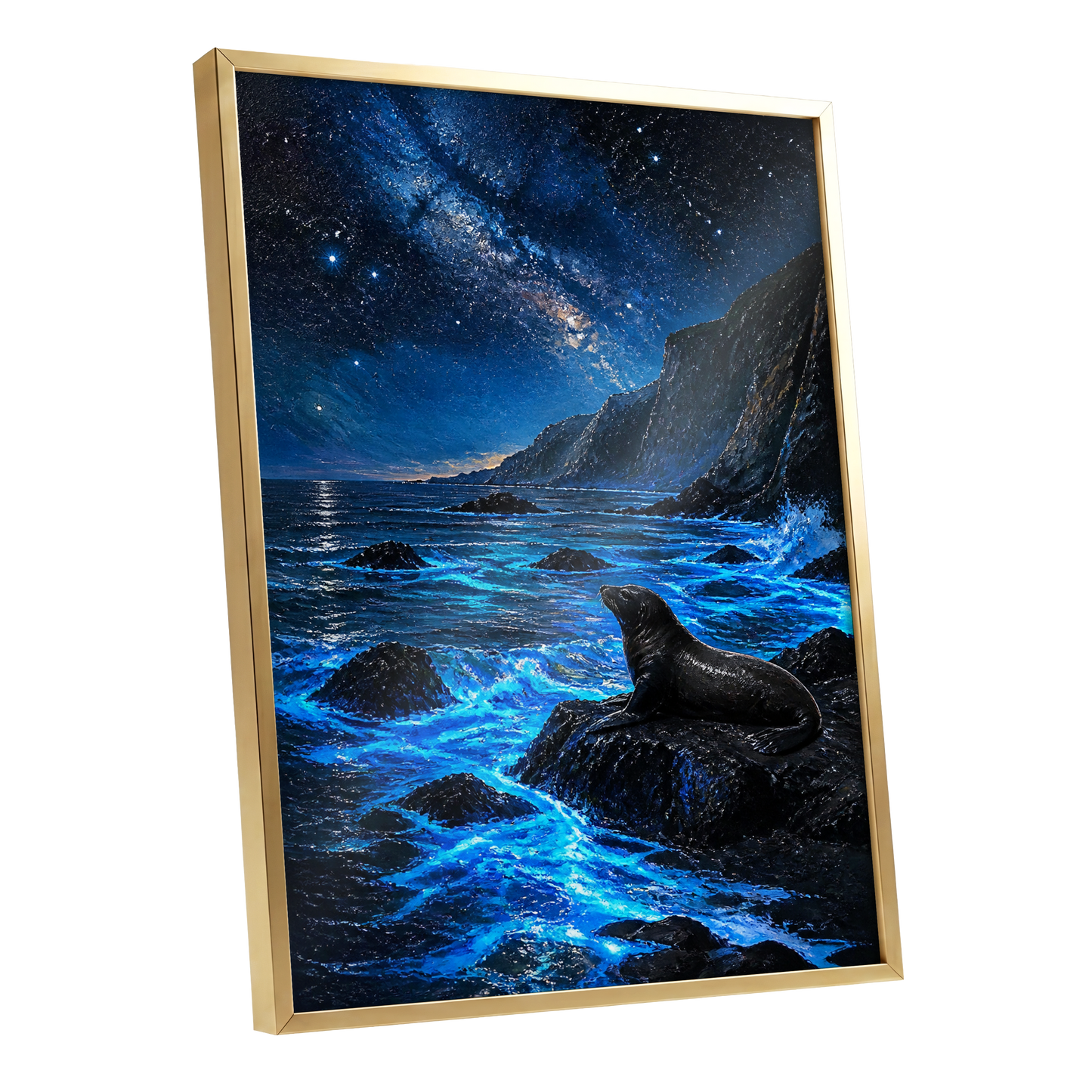 Starlit Seal Cove, blue, black, white nature wall art shown as a gold framed poster wall art print