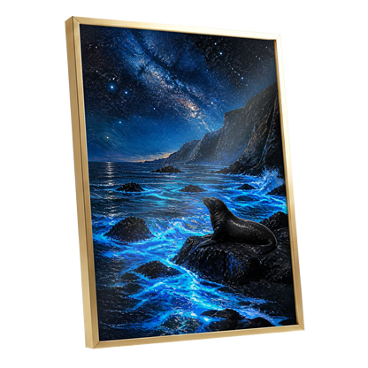 Starlit Seal Cove, blue, black, white nature wall art shown as a gold framed poster wall art print