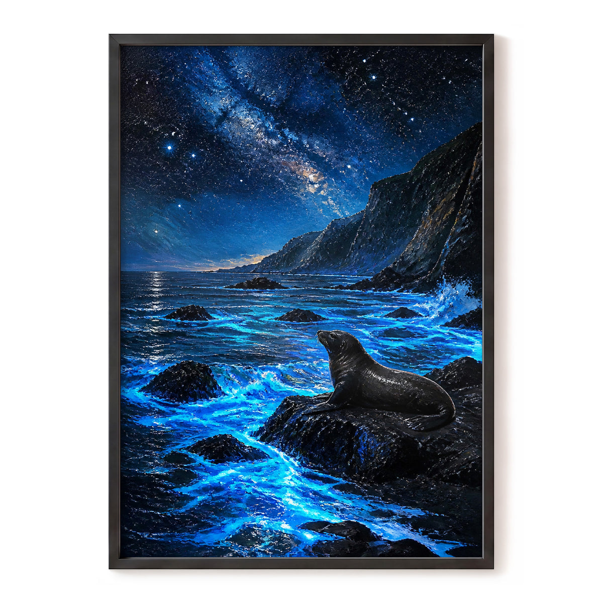 Starlit Seal Cove, blue, black, white nature wall art, front artwork view