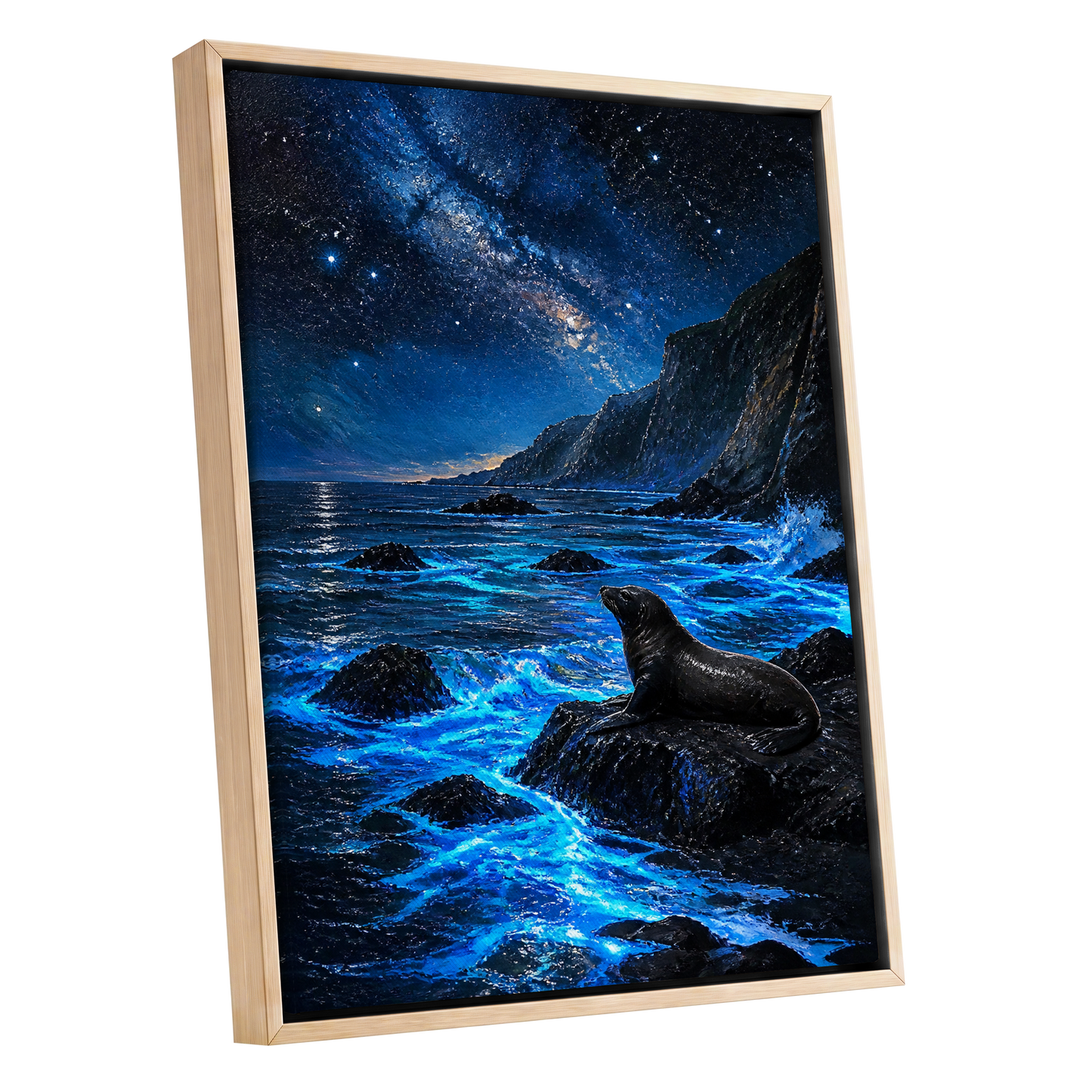 Starlit Seal Cove, blue, black, white nature wall art shown as a oak framed canvas wall art