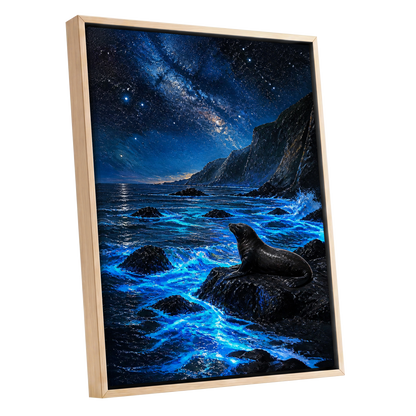 Starlit Seal Cove, blue, black, white nature wall art shown as a oak framed canvas wall art