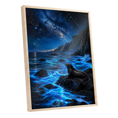 Starlit Seal Cove, blue, black, white nature wall art shown as a oak framed poster wall art print