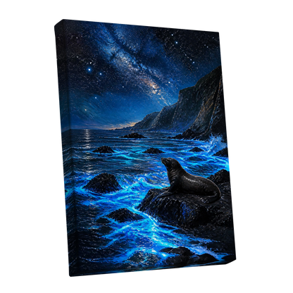 Starlit Seal Cove, blue, black, white nature wall art shown as a stretched canvas wall art