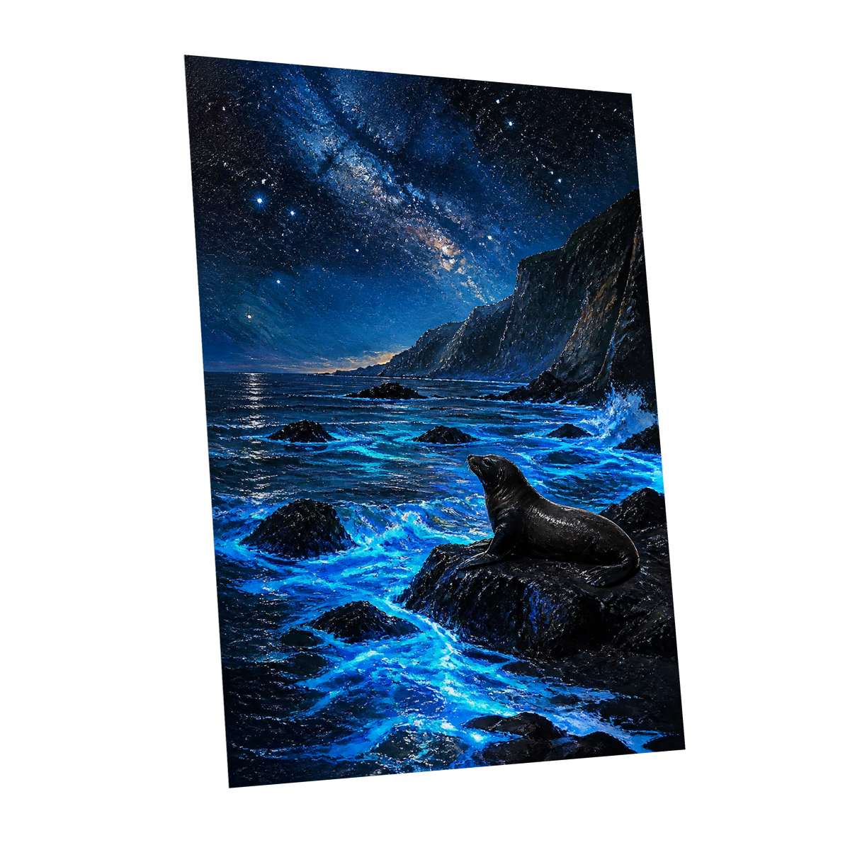 Starlit Seal Cove, blue, black, white nature wall art shown as a unframed poster wall art print