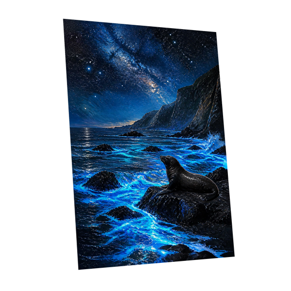 Starlit Seal Cove, blue, black, white nature wall art shown as a unframed poster wall art print