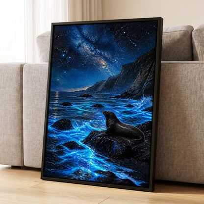Starlit Seal Cove, blue, black, white nature wall art displayed in a styled interior, gallery view 1