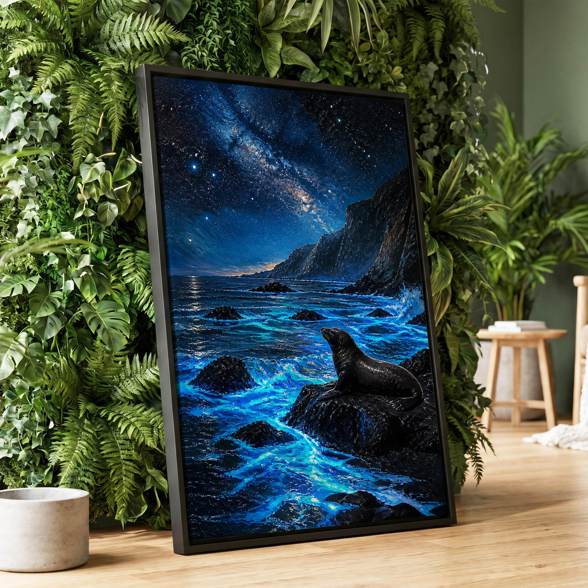 Starlit Seal Cove, blue, black, white nature wall art displayed in a styled interior, gallery view 2