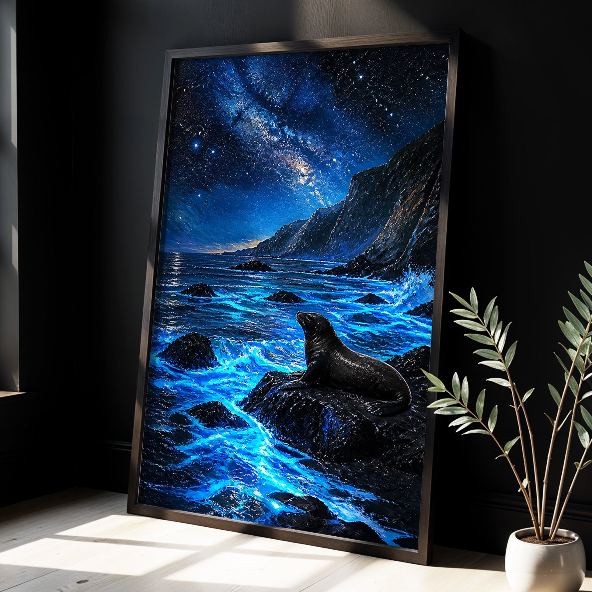 Starlit Seal Cove, blue, black, white nature wall art displayed in a styled interior, gallery view 3