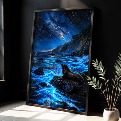 Starlit Seal Cove, blue, black, white nature wall art displayed in a styled interior, gallery view 3