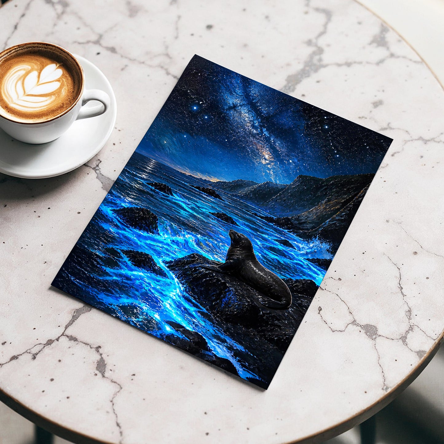 Starlit Seal Cove, blue, black, white nature wall art displayed in a styled interior, gallery view 4