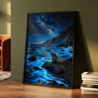 Starlit Seal Cove, blue, black, white nature wall art displayed in a styled interior, gallery view 5