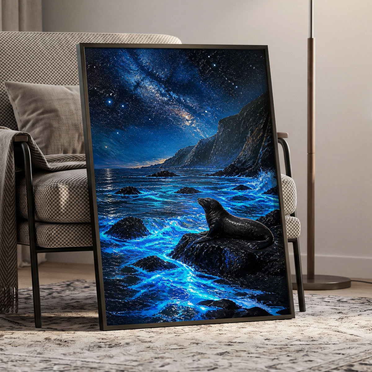 Starlit Seal Cove, blue, black, white nature wall art displayed in a styled interior, gallery view 6