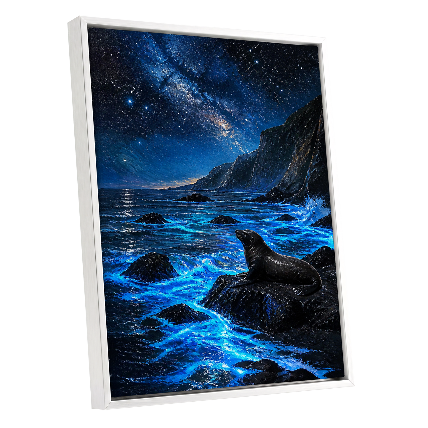 Starlit Seal Cove, blue, black, white nature wall art shown as a white framed canvas wall art