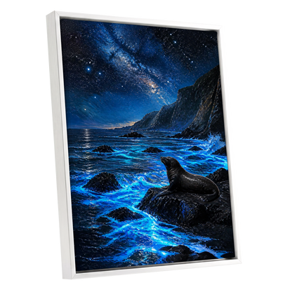 Starlit Seal Cove, blue, black, white nature wall art shown as a white framed canvas wall art