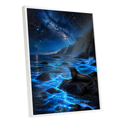 Starlit Seal Cove, blue, black, white nature wall art shown as a white framed poster wall art print