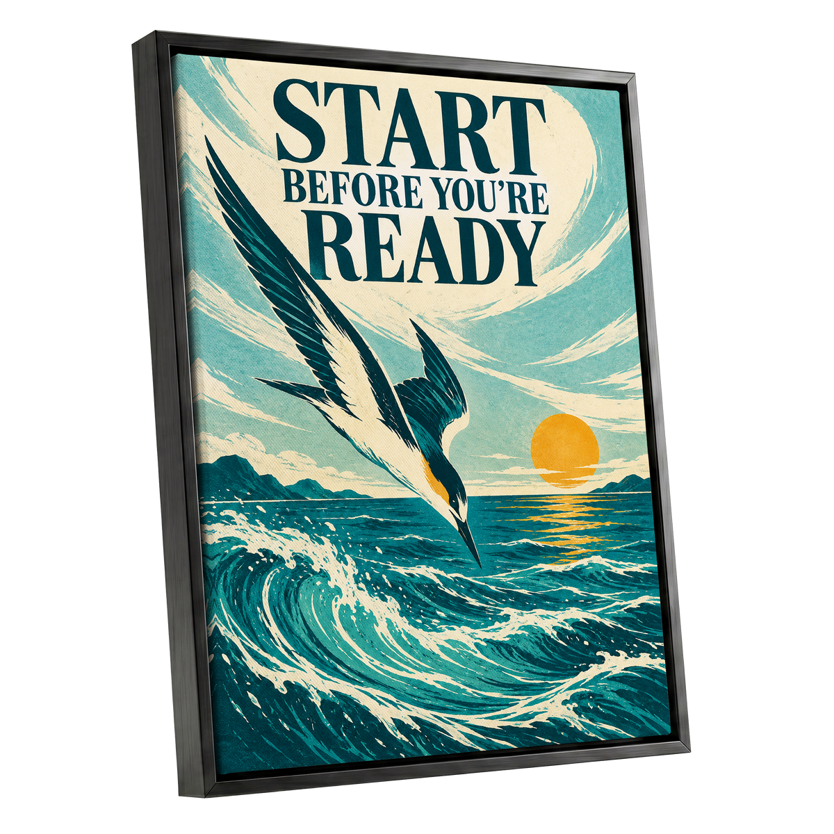 Start Before Ready, blue, beige, orange nature wall art shown as a black framed canvas wall art