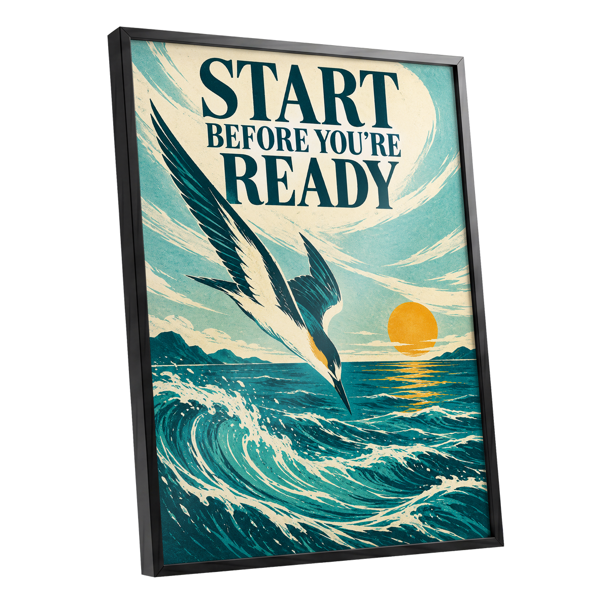 Start Before Ready, blue, beige, orange nature wall art shown as a black framed poster wall art print