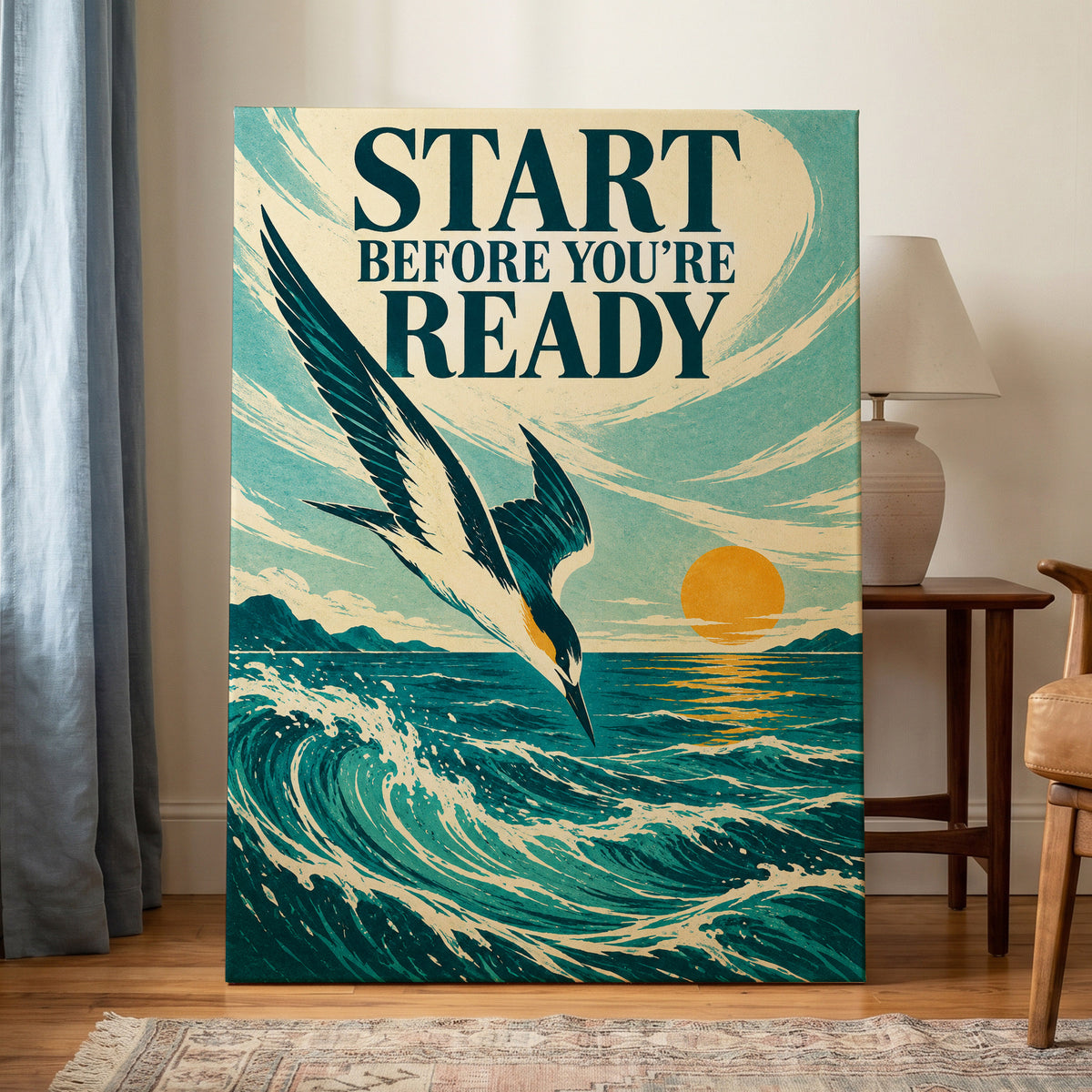 Start Before Ready, blue, beige, orange nature wall art on canvas displayed in a styled interior, gallery view 1