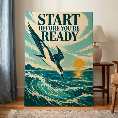 Start Before Ready, blue, beige, orange nature wall art on canvas displayed in a styled interior, gallery view 1
