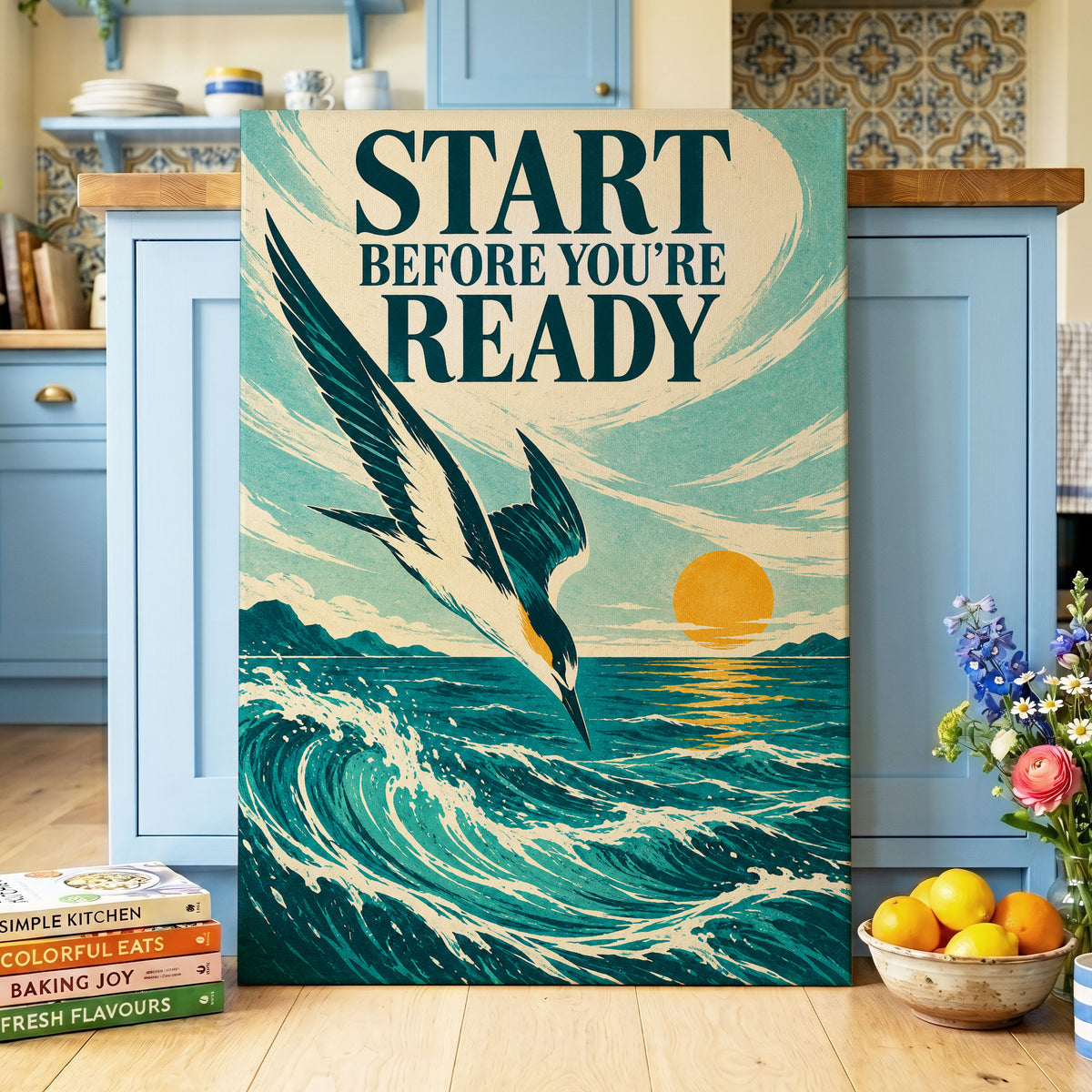 Start Before Ready, blue, beige, orange nature wall art on canvas displayed in a styled interior, gallery view 2