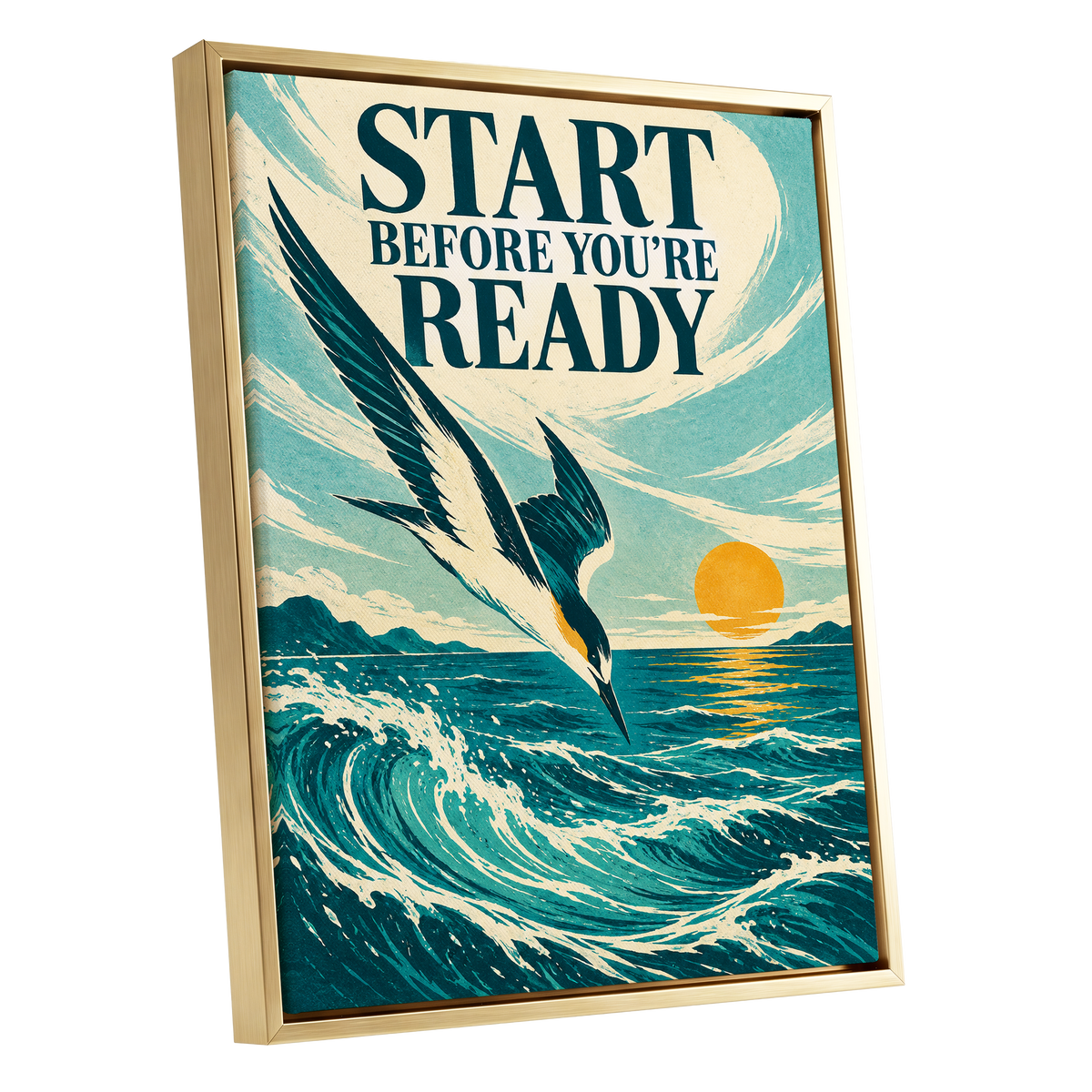 Start Before Ready, blue, beige, orange nature wall art shown as a gold framed canvas wall art