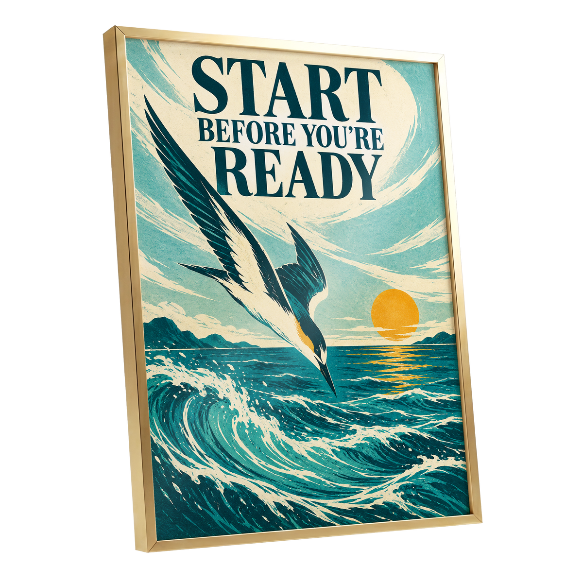 Start Before Ready, blue, beige, orange nature wall art shown as a gold framed poster wall art print