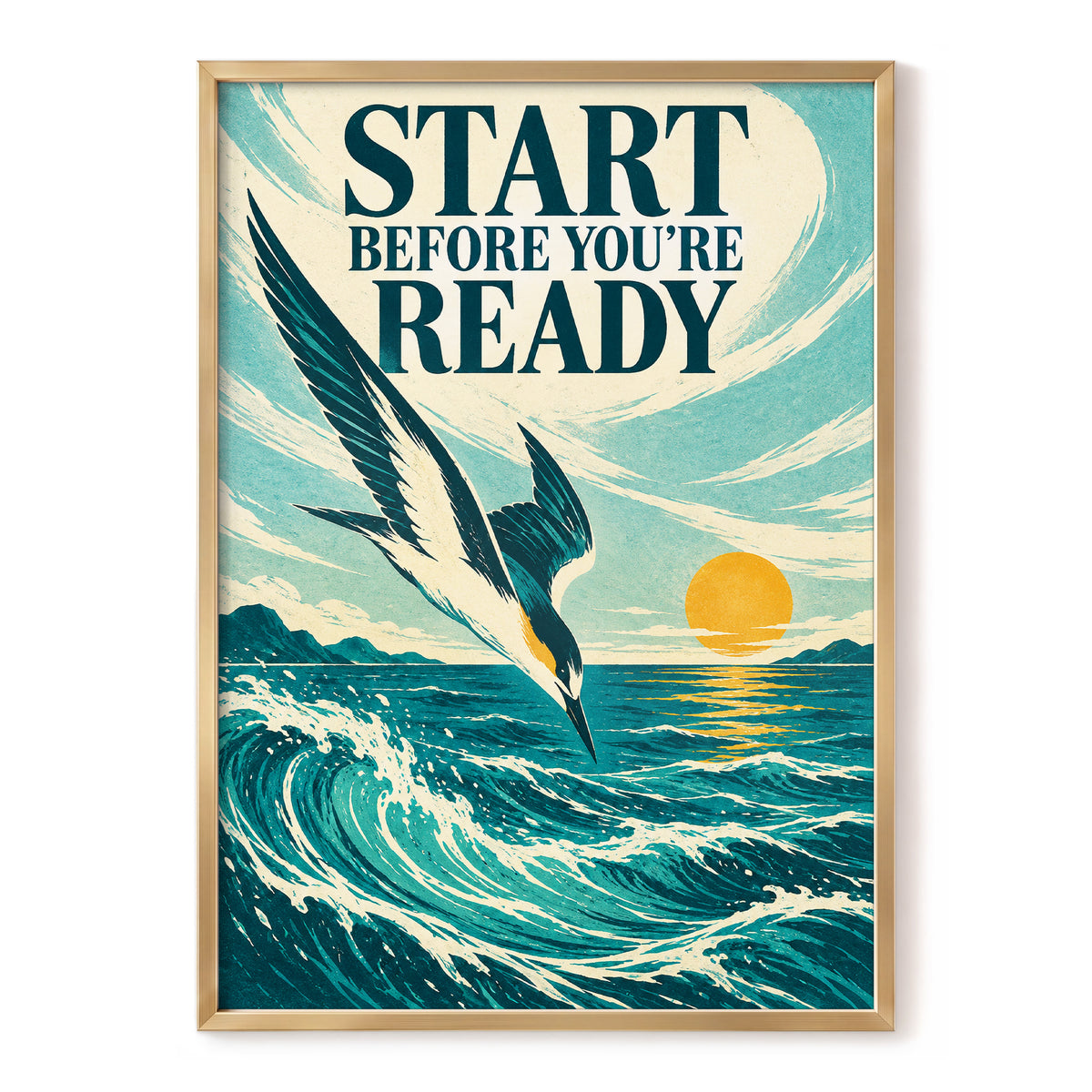 Start Before Ready, blue, beige, orange nature wall art, front artwork view