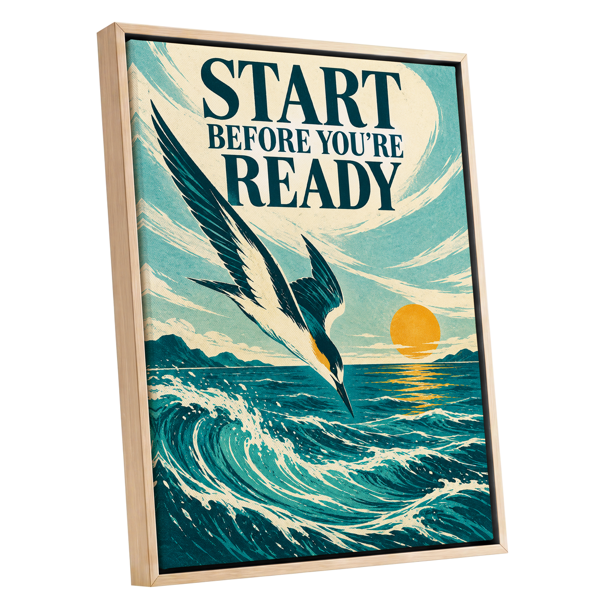 Start Before Ready, blue, beige, orange nature wall art shown as a oak framed canvas wall art