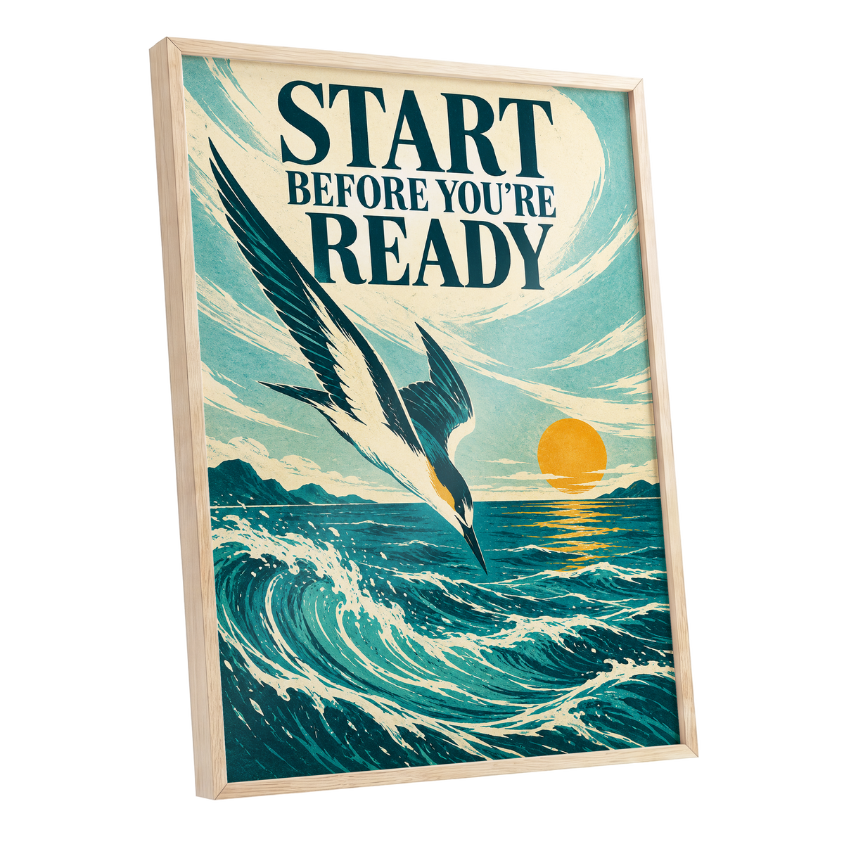 Start Before Ready, blue, beige, orange nature wall art shown as a oak framed poster wall art print