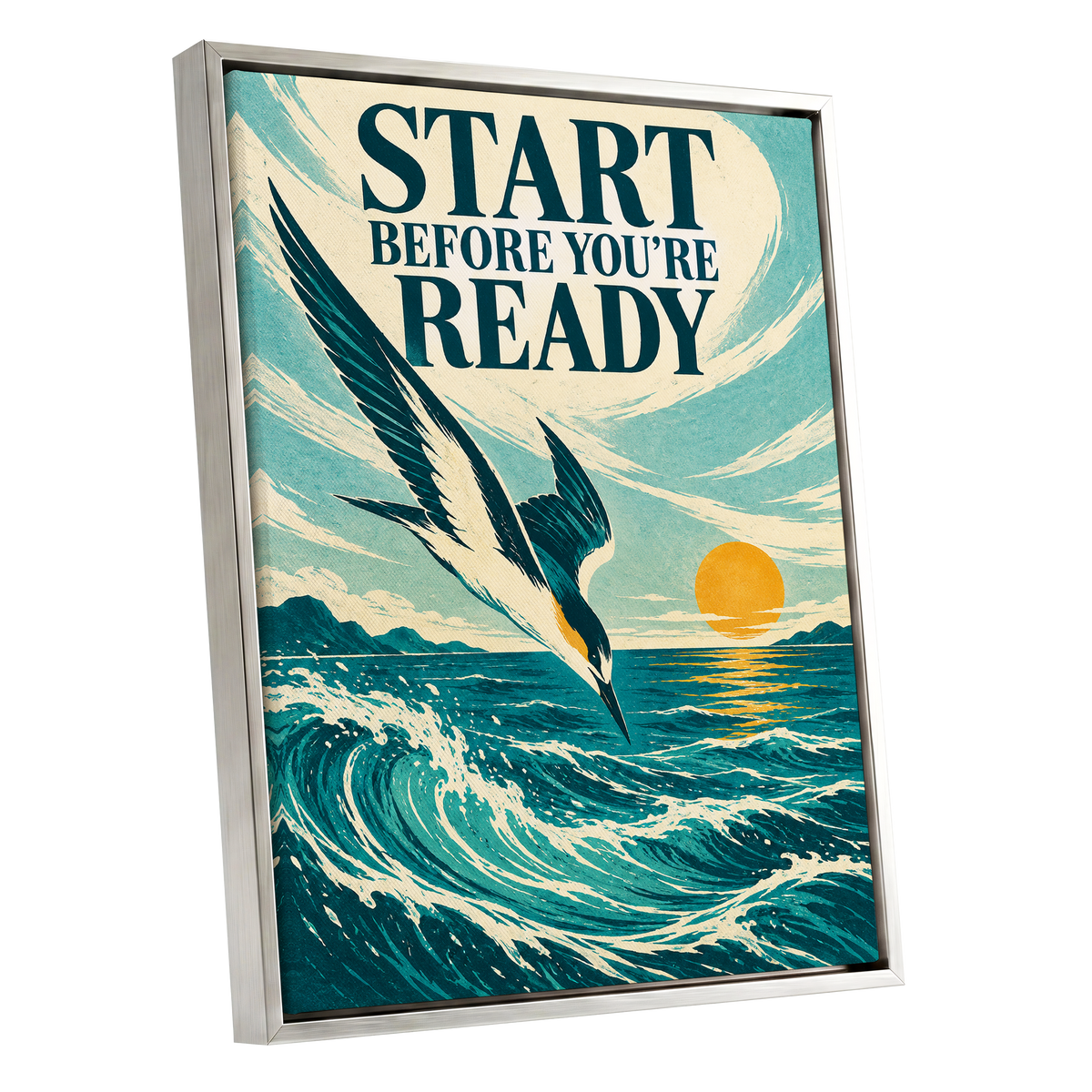 Start Before Ready, blue, beige, orange nature wall art shown as a silver framed canvas wall art