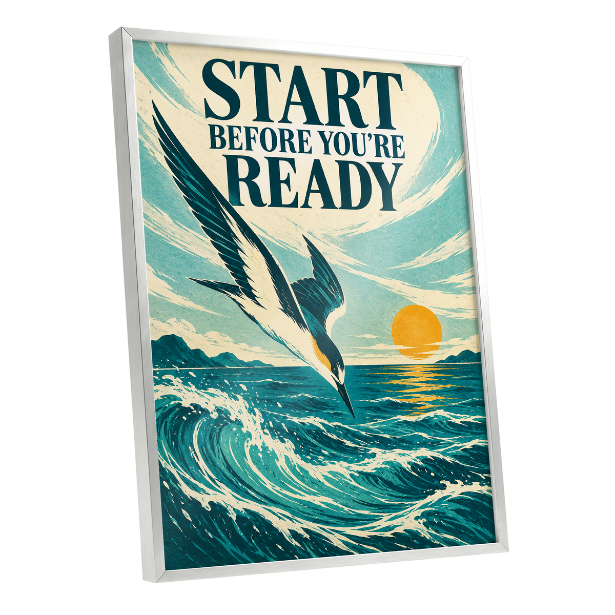 Start Before Ready, blue, beige, orange nature wall art shown as a silver framed poster wall art print