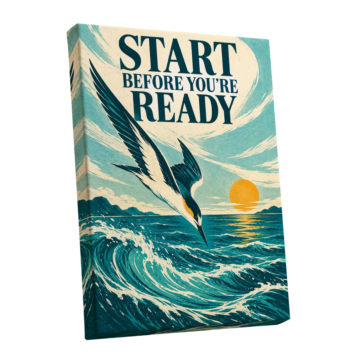Start Before Ready, blue, beige, orange nature wall art shown as a stretched canvas wall art