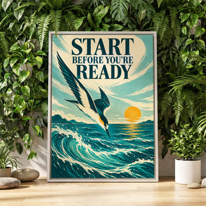 Start Before Ready, blue, beige, orange nature wall art displayed in a styled interior, gallery view 1
