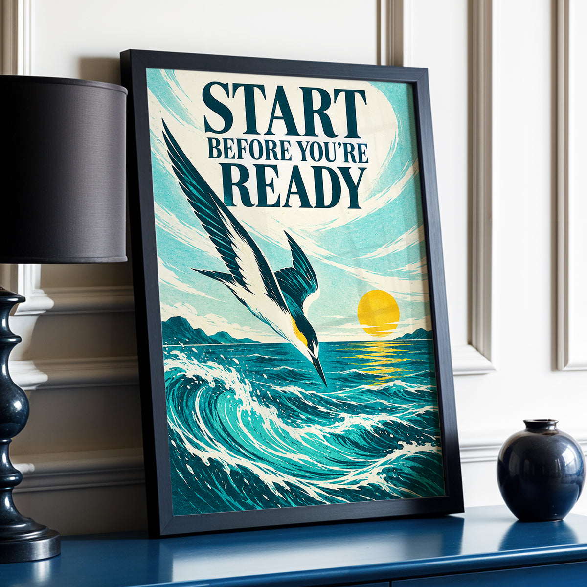 Start Before Ready, blue, beige, orange nature wall art displayed in a styled interior, gallery view 2