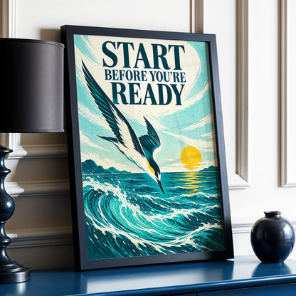 Start Before Ready, blue, beige, orange nature wall art displayed in a styled interior, gallery view 2