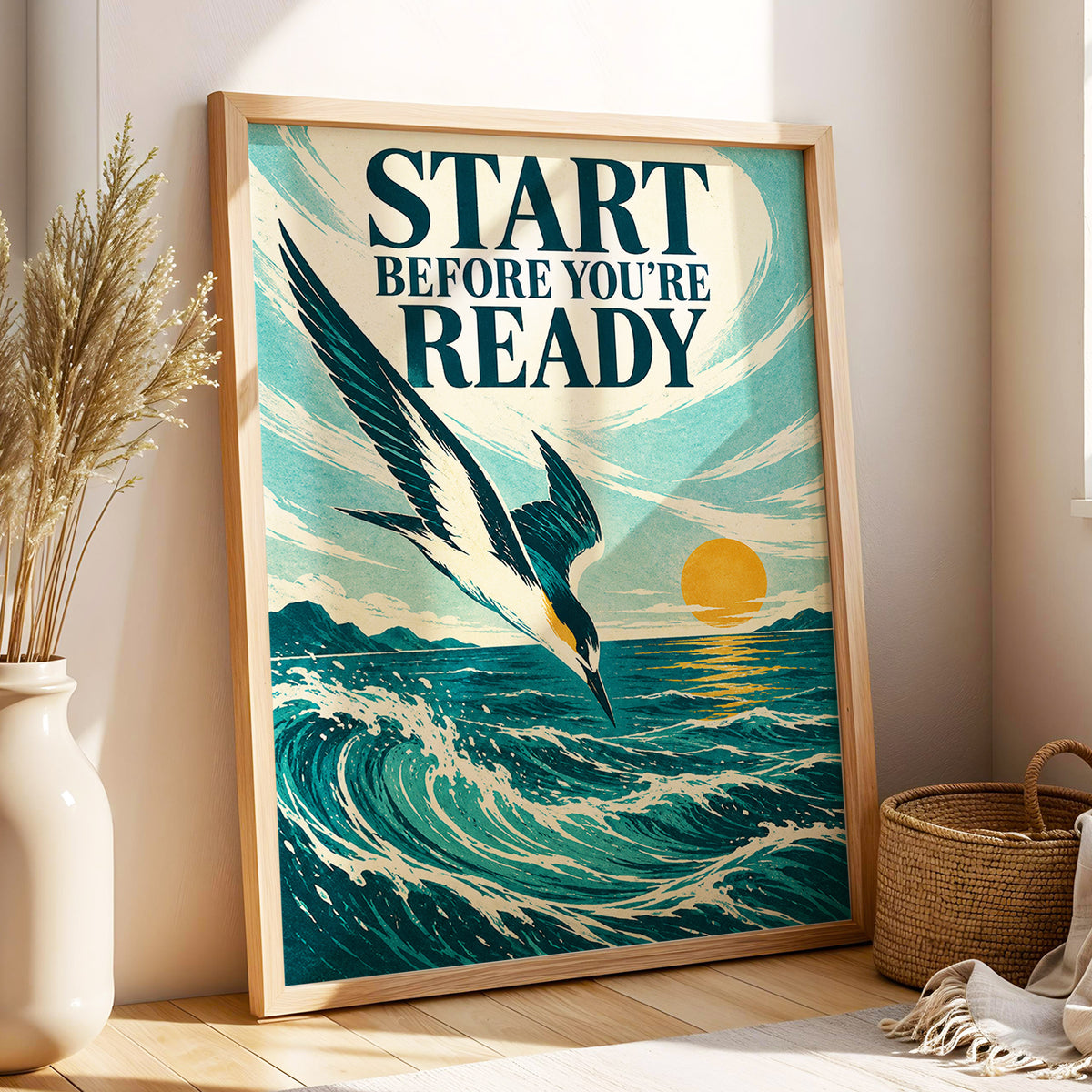 Start Before Ready, blue, beige, orange nature wall art displayed in a styled interior, gallery view 3