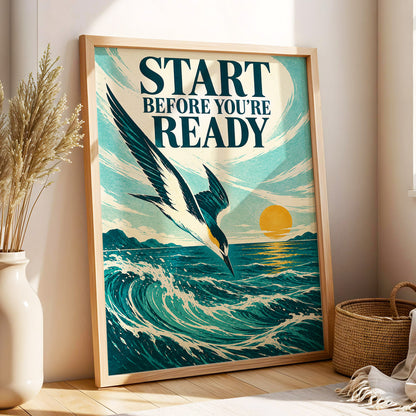 Start Before Ready, blue, beige, orange nature wall art displayed in a styled interior, gallery view 3