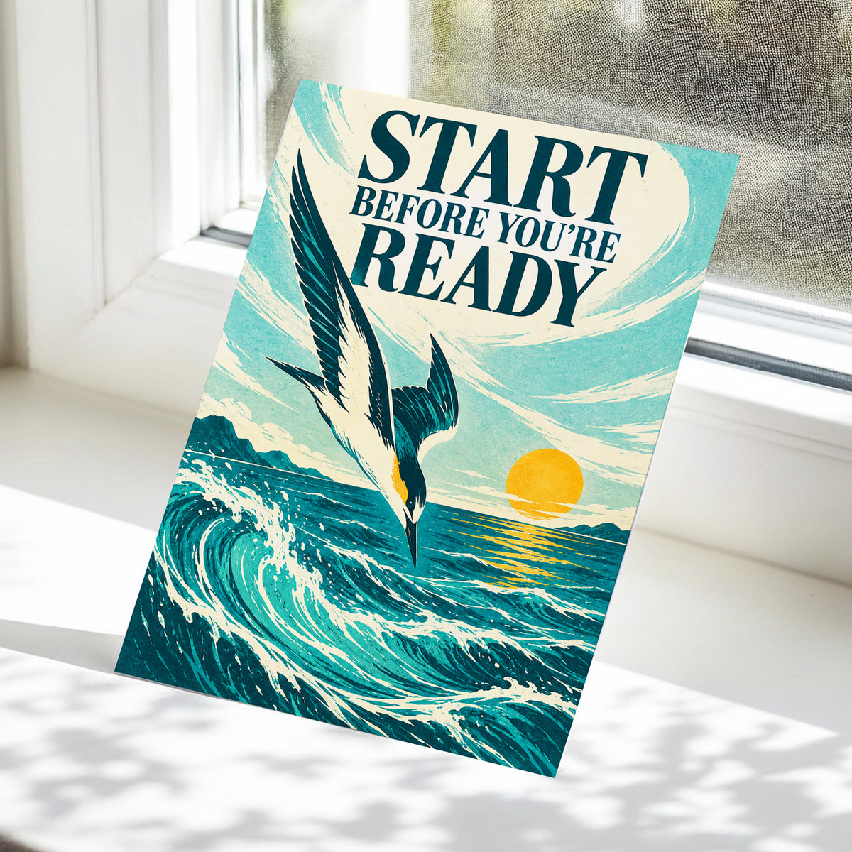 Start Before Ready, blue, beige, orange nature wall art displayed in a styled interior, gallery view 4