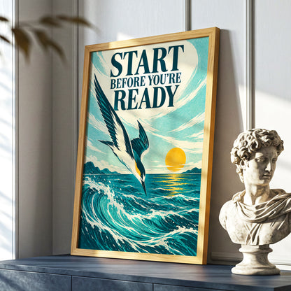 Start Before Ready, blue, beige, orange nature wall art displayed in a styled interior, gallery view 5